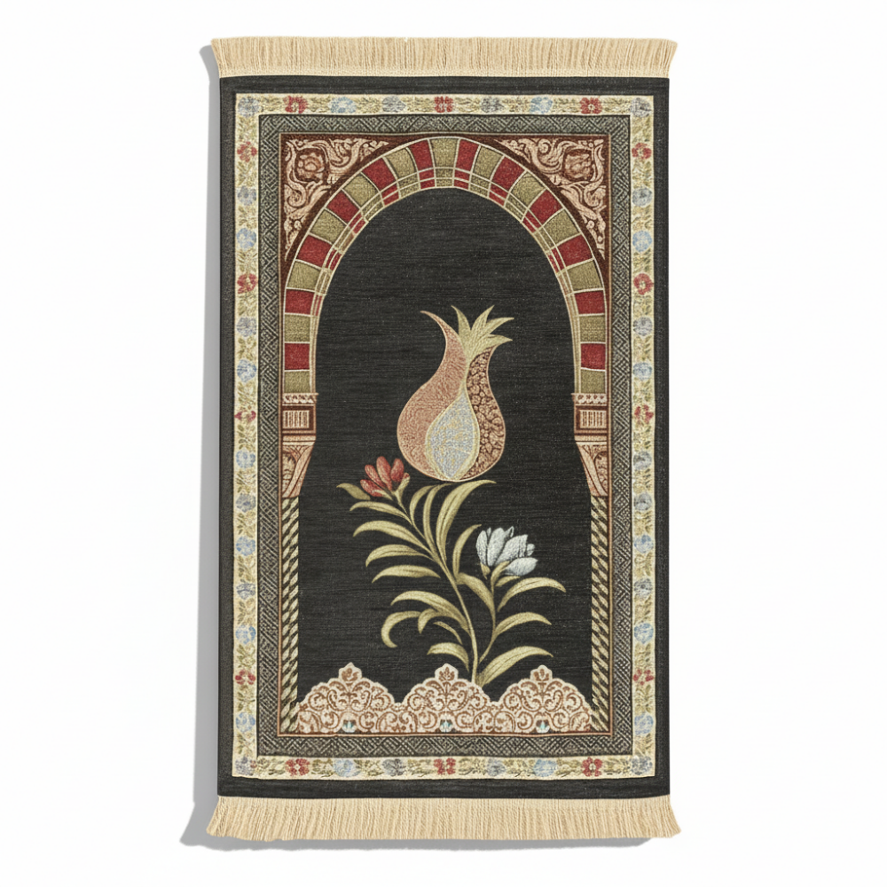 Kişiye Özel Nakış İşlemeli Lale Motifli Astarlı Saçaklı Gri Renk Hediyelik Seccade - 4