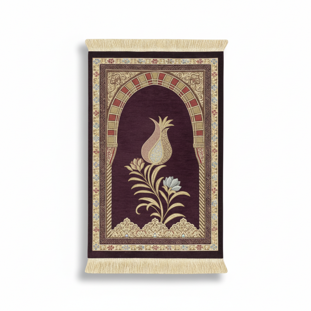 Kişiye Özel Nakış İşlemeli Lale Motifli Astarlı Saçaklı Kırmızı Renk Hediyelik Seccade - 4