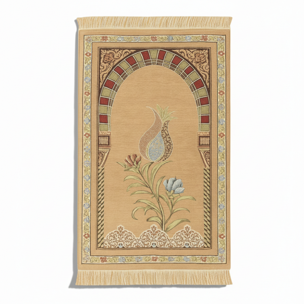 Kişiye Özel Nakış İşlemeli Lale Motifli Astarlı Saçaklı Krem Rengi Hediyelik Seccade - 4