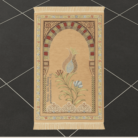 Kişiye Özel Nakış İşlemeli Lale Motifli Astarlı Saçaklı Krem Rengi Hediyelik Seccade - Tesbihane