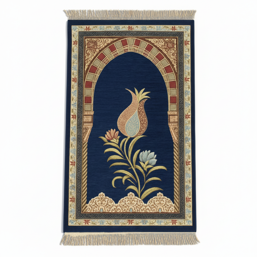 Kişiye Özel Nakış İşlemeli Lale Motifli Astarlı Saçaklı Lacivert Renk Hediyelik Seccade - 4