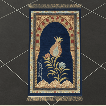 Kişiye Özel Nakış İşlemeli Lale Motifli Astarlı Saçaklı Lacivert Renk Hediyelik Seccade - Tesbihane