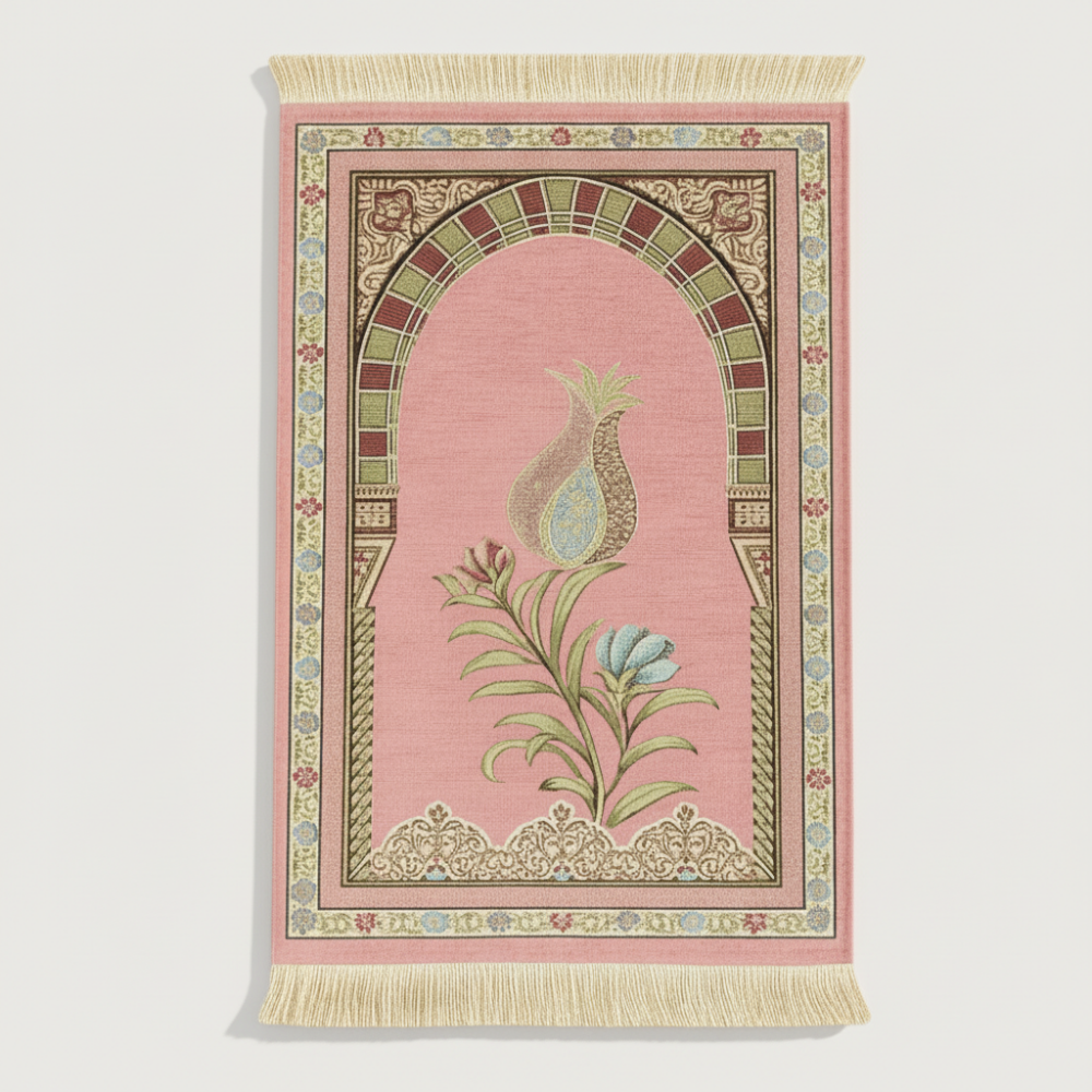 Kişiye Özel Nakış İşlemeli Lale Motifli Astarlı Saçaklı Siyah Renk Hediyelik Seccade - 5