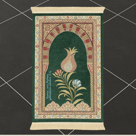 Kişiye Özel Nakış İşlemeli Lale Motifli Astarlı Saçaklı Turkuaz Renk Hediyelik Seccade - Tesbihane