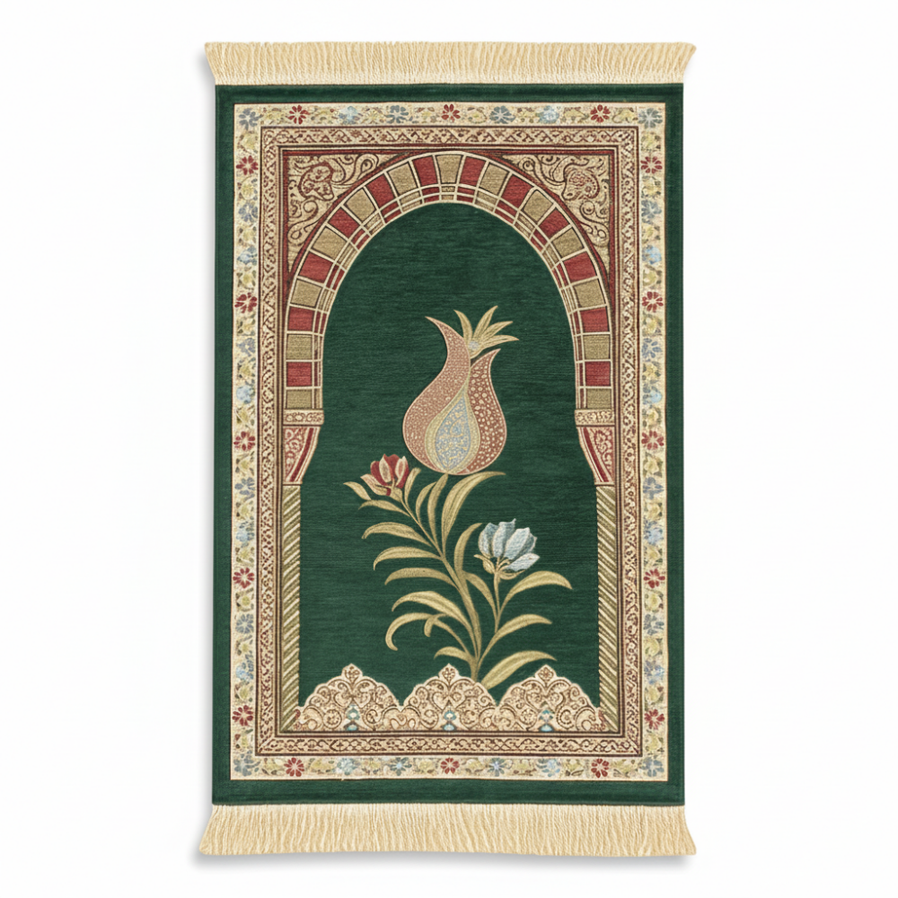 Kişiye Özel Nakış İşlemeli Lale Motifli Astarlı Saçaklı Turkuaz Renk Hediyelik Seccade - 4