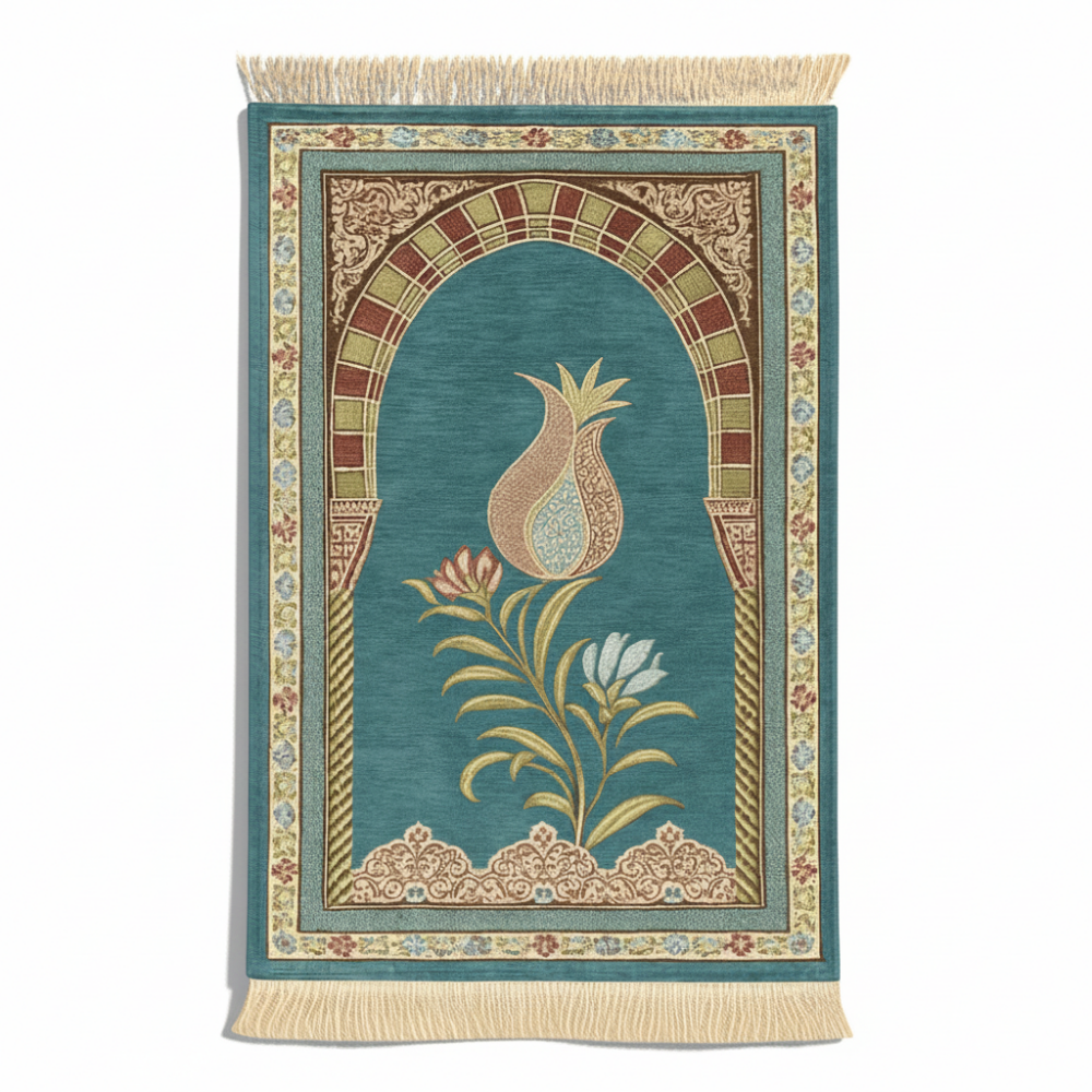 Kişiye Özel Nakış İşlemeli Lale Motifli Astarlı Saçaklı Yeşil Renk Hediyelik Seccade - 4