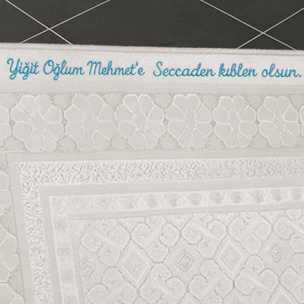Kişiye Özel Nakış İşlemeli Saf İpek Kadife Kumaştan Krem Rengi Hediyelik Seccade - 2