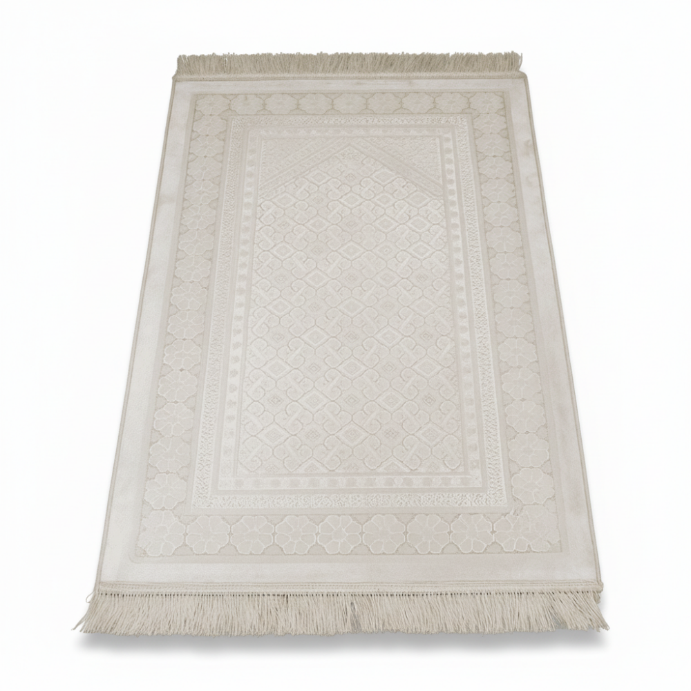 Kişiye Özel Nakış İşlemeli Saf İpek Kadife Kumaştan Krem Rengi Hediyelik Seccade - 4