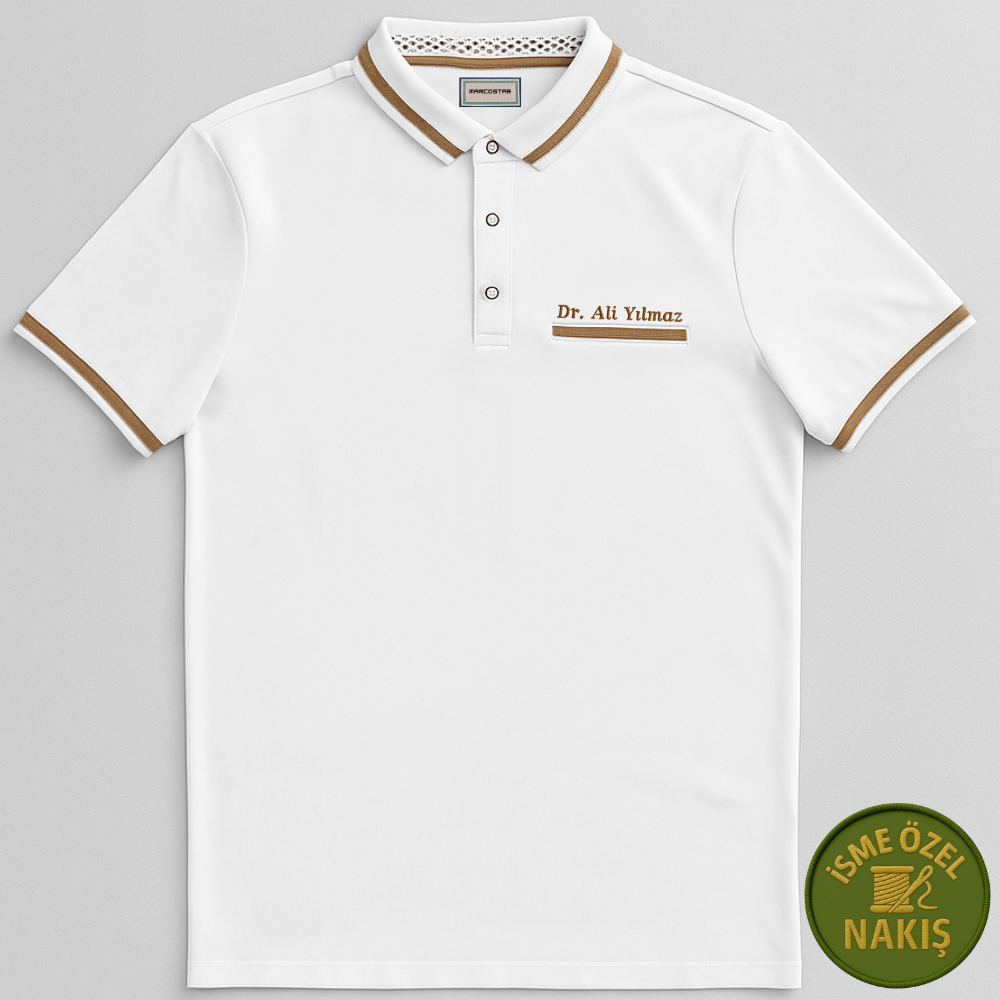Kişiye Özel Nakışlı Cep Yaka Garnili Kısa Kollu Ribana Yaka Premium Beyaz Tişört (3XL) - 2
