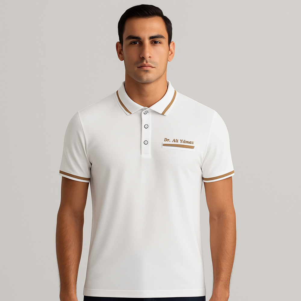 Kişiye Özel Nakışlı Cep Yaka Garnili Kısa Kollu Ribana Yaka Premium Beyaz Tişört (3XL) - 1
