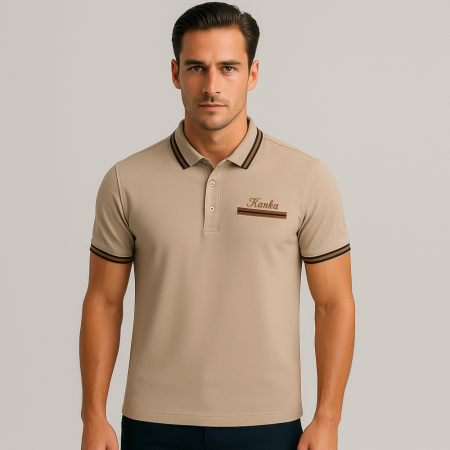 Kişiye Özel Nakışlı Cep ve Yaka Garnili Kısa Kollu Ribana Yaka Premium Krem Rengi Tişört - Tesbihane