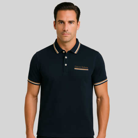 Kişiye Özel Nakışlı Cep ve Yaka Garnili Kısa Kollu Ribana Yaka Premium Lacivert Tişört - Tesbihane