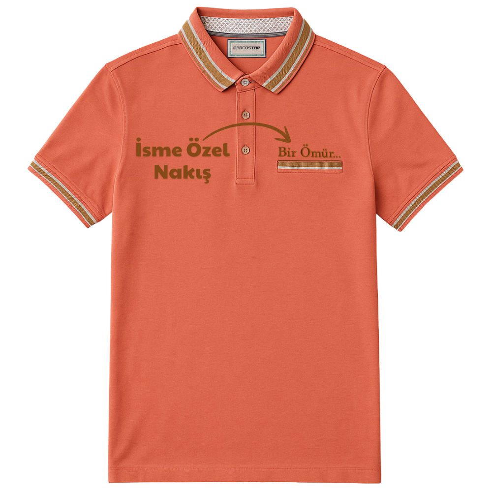 Kişiye Özel Nakışlı Cep Yaka Garnili Kısa Kollu Ribana Yaka Premium Nar Çiçeği Tişört (3XL) - 3