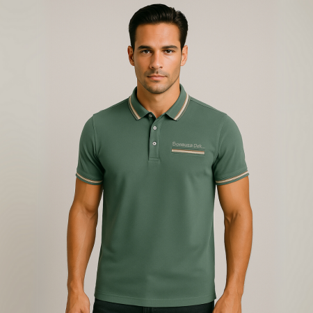 Kişiye Özel Nakışlı Cep Yaka Garnili Kısa Kollu Ribana Yaka Premium Yeşil Tişört - Tesbihane