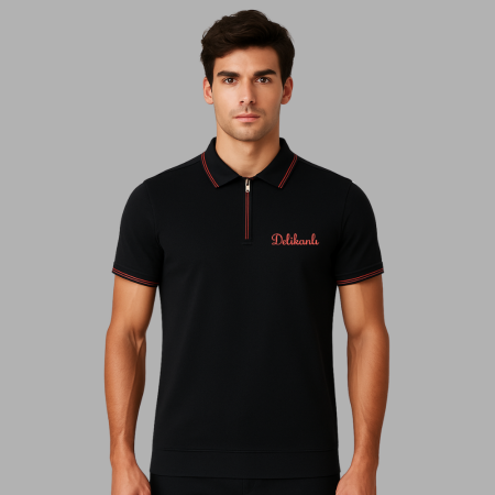 Kişiye Özel Nakışlı Kısa Kollu Ribana Yaka Likralı Premium Lacivert Tişört - Tesbihane