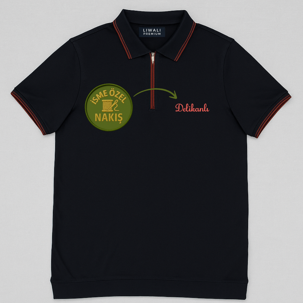 Kişiye Özel Nakışlı Kısa Kollu Ribana Yaka Likralı Premium Lacivert Tişört XL - 3