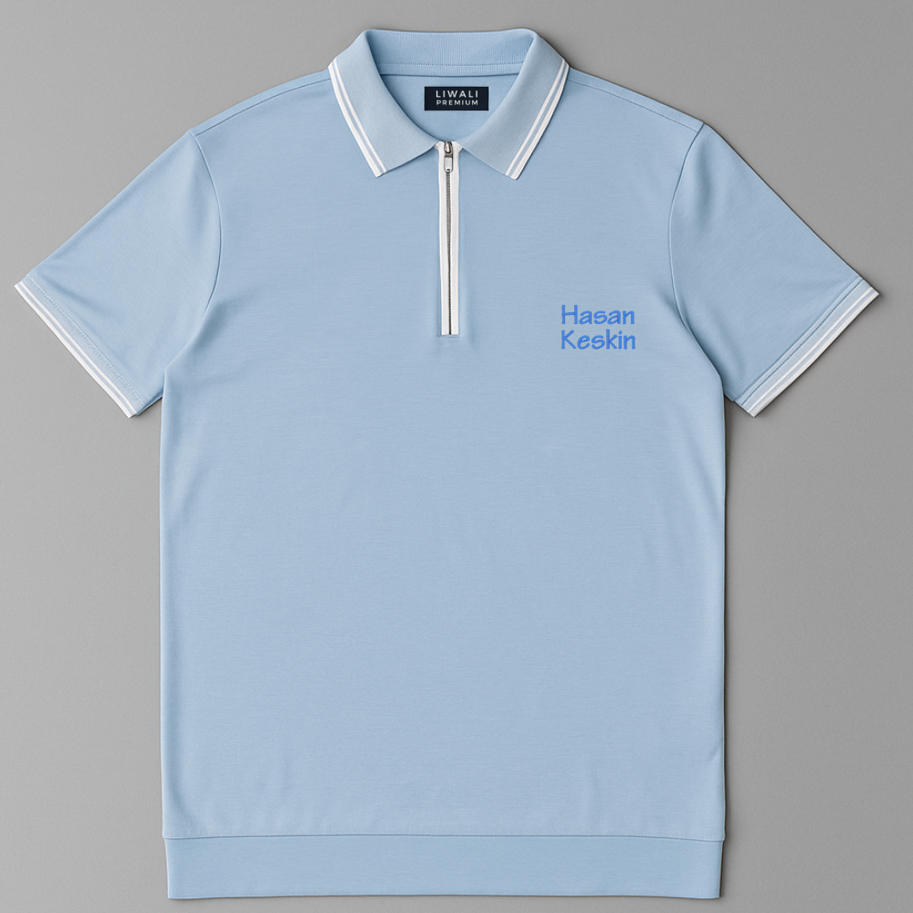 Kişiye Özel Nakışlı Kısa Kollu Ribana Yaka Likralı Premium Mavi Tişört 3XL - 2