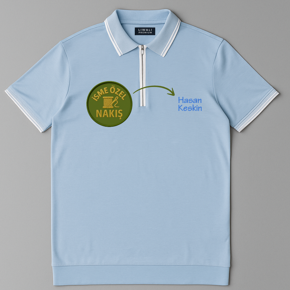 Kişiye Özel Nakışlı Kısa Kollu Ribana Yaka Likralı Premium Mavi Tişört 3XL - 3