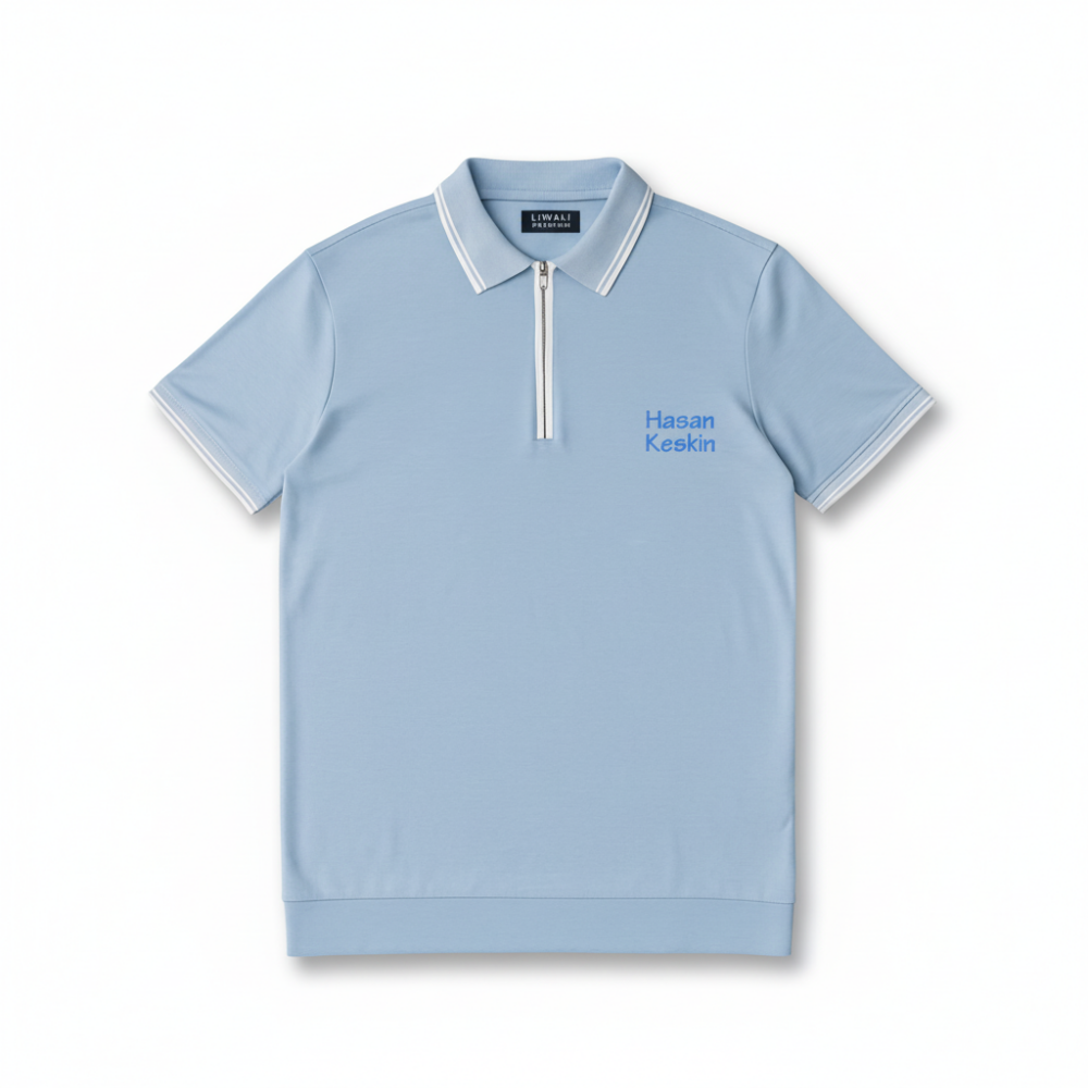 Kişiye Özel Nakışlı Kısa Kollu Ribana Yaka Likralı Premium Mavi Tişört 3XL - 4