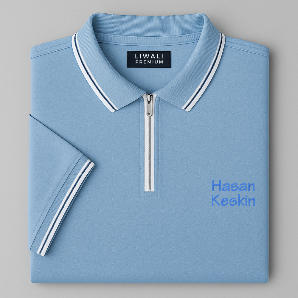 Kişiye Özel Nakışlı Kısa Kollu Ribana Yaka Likralı Premium Mavi Tişört (L) - 4