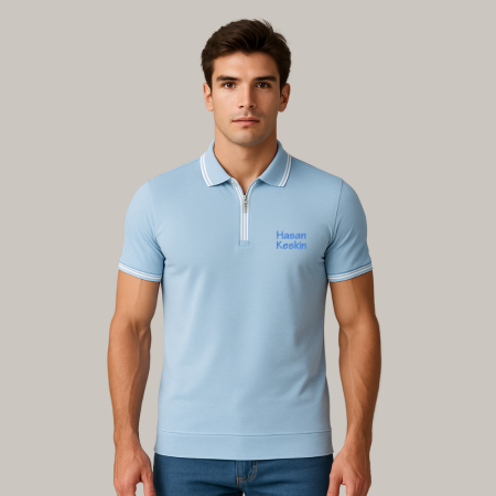 Kişiye Özel Nakışlı Kısa Kollu Ribana Yaka Likralı Premium Mavi Tişört - Tesbihane