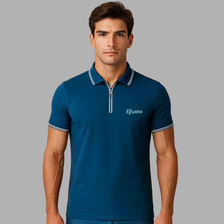 Kişiye Özel Nakışlı Kısa Kollu Ribana Yaka Likralı Premium Turkuaz Tişört - Tesbihane