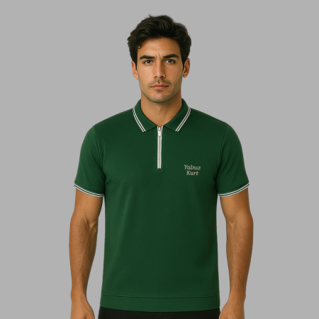 Kişiye Özel Nakışlı Kısa Kollu Ribana Yaka Likralı Premium Yeşil Tişört - Tesbihane