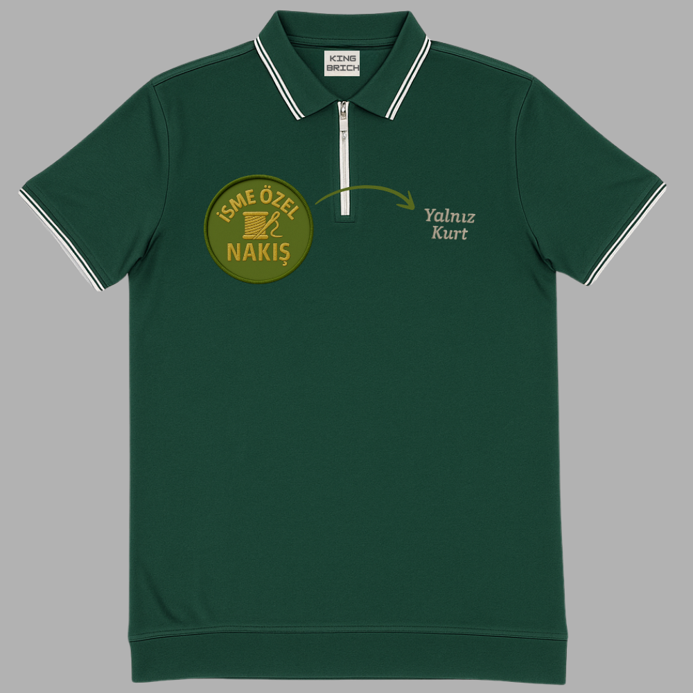 Kişiye Özel Nakışlı Kısa Kollu Ribana Yaka Likralı Premium Yeşil Tişört 2XL - 3