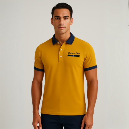 Kişiye Özel Nakışlı Kısa Kollu Triko Yaka Premium Koyu Sarı Tişört - Tesbihane