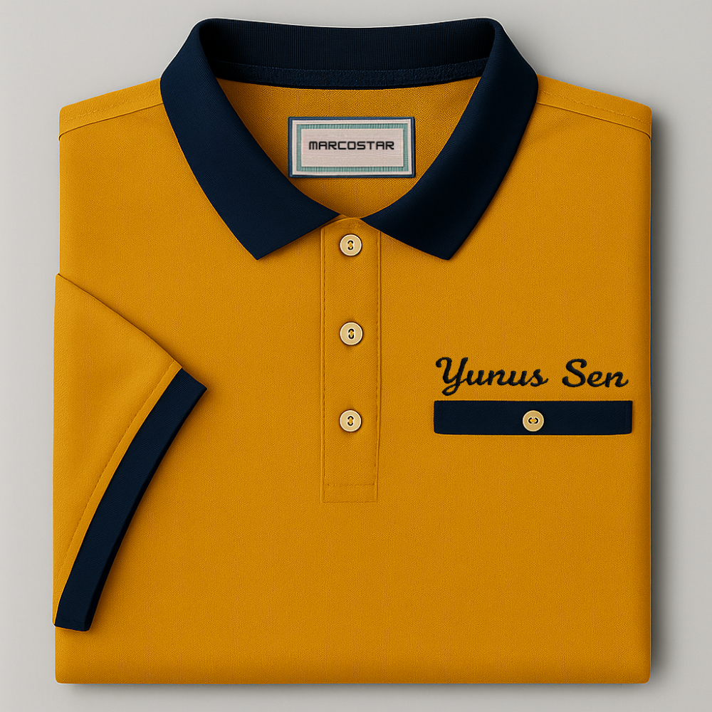 Kişiye Özel Nakışlı Kısa Kollu Triko Yaka Premium Koyu Sarı Tişört (XL) - 4