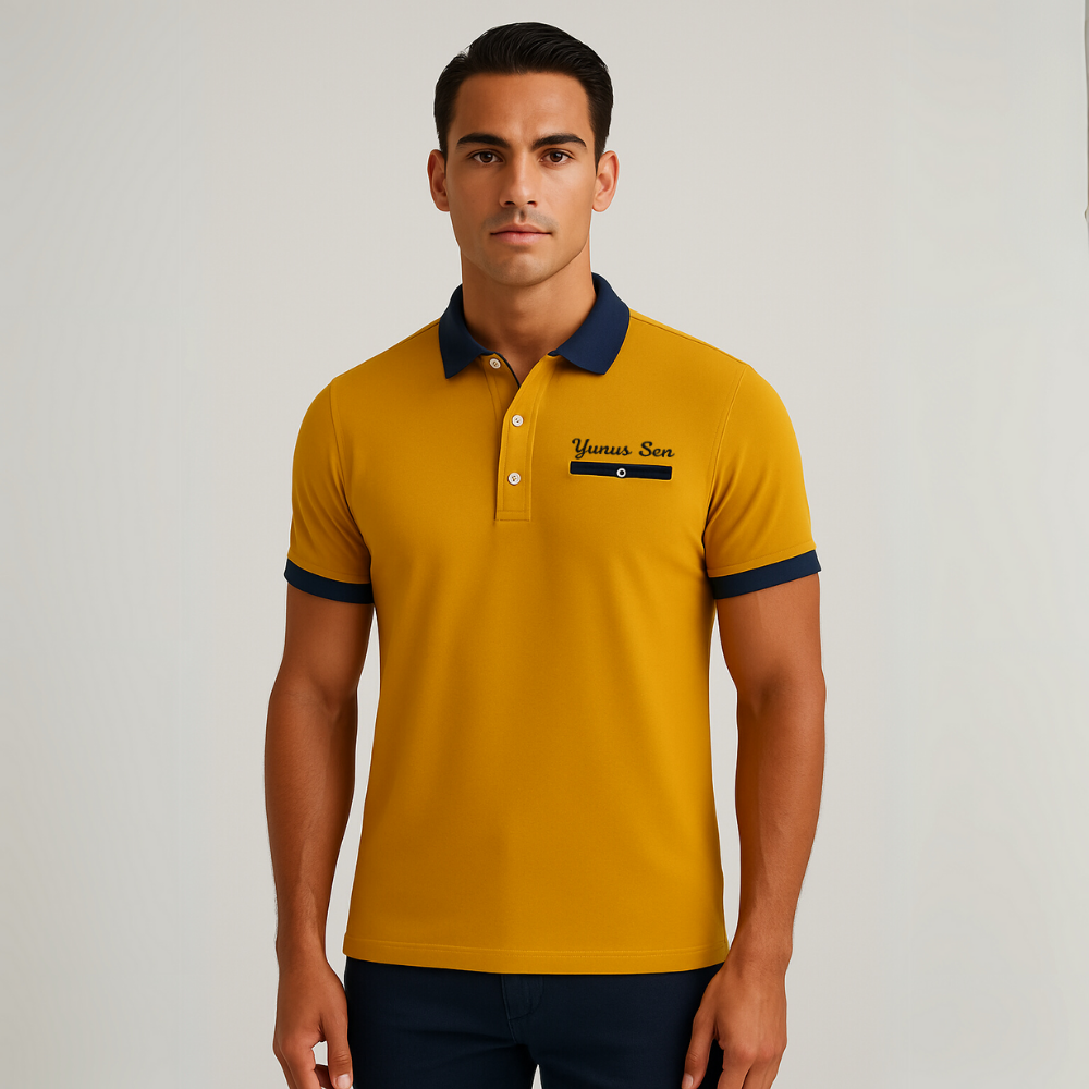 Kişiye Özel Nakışlı Kısa Kollu Triko Yaka Premium Koyu Sarı Tişört (XL) - 1
