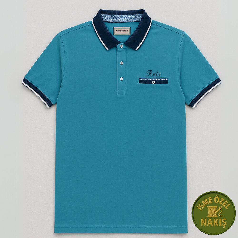 Kişiye Özel Nakışlı Kısa Kollu Triko Yaka Premium Turkuaz Tişört (3XL) - 2