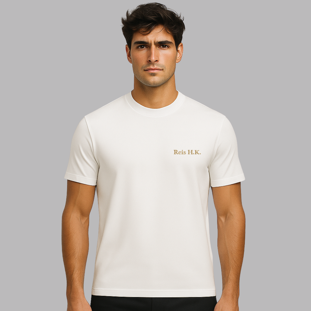 Kişiye Özel Nakışlı Yakası Biyeli Kısa Kollu Bisiklet Yaka Premium Bej Oversize Tişört - 1