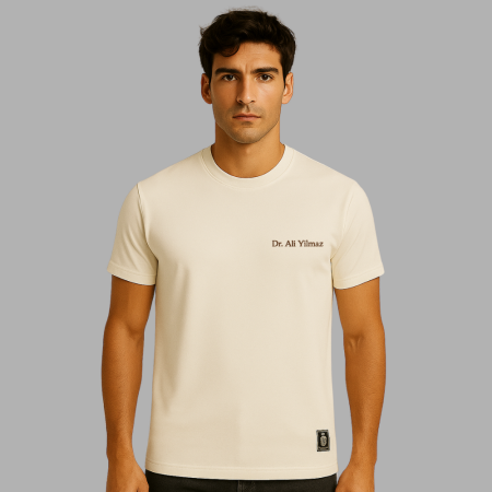 Kişiye Özel Nakışlı Yakası Biyeli Kısa Kollu Bisiklet Yaka Premium Bej Tişört - Tesbihane