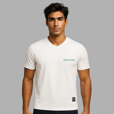 Kişiye Özel Nakışlı Yakası Biyeli Kısa Kollu Bisiklet Yaka Premium Beyaz Tişört - Tesbihane