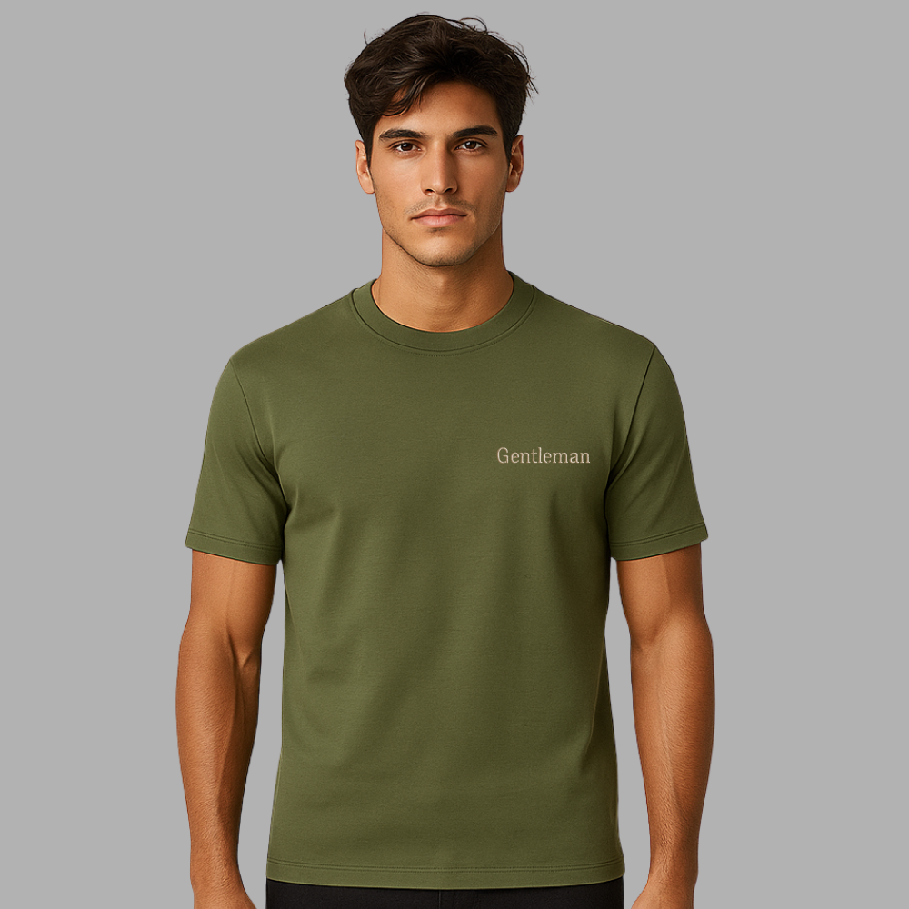 Kişiye Özel Nakışlı Yakası Biyeli Kısa Kollu Bisiklet Yaka Premium Haki Oversize Tişört - 1