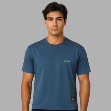 Kişiye Özel Nakışlı Yakası Biyeli Kısa Kollu Bisiklet Yaka Premium İndigo Mavisi Tişört - Tesbihane