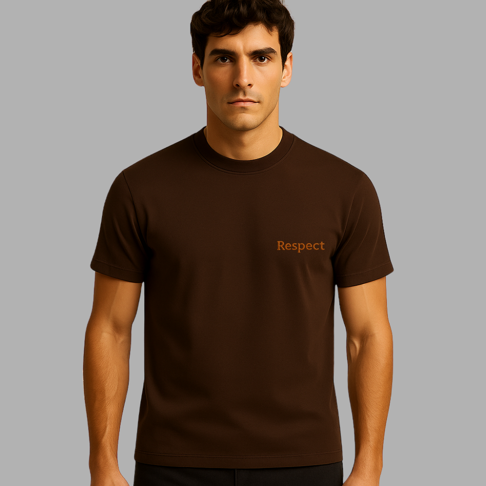 Kişiye Özel Nakışlı Yakası Biyeli Kısa Kollu Bisiklet Yaka Premium Kahverengi Oversize Tişört M - 1