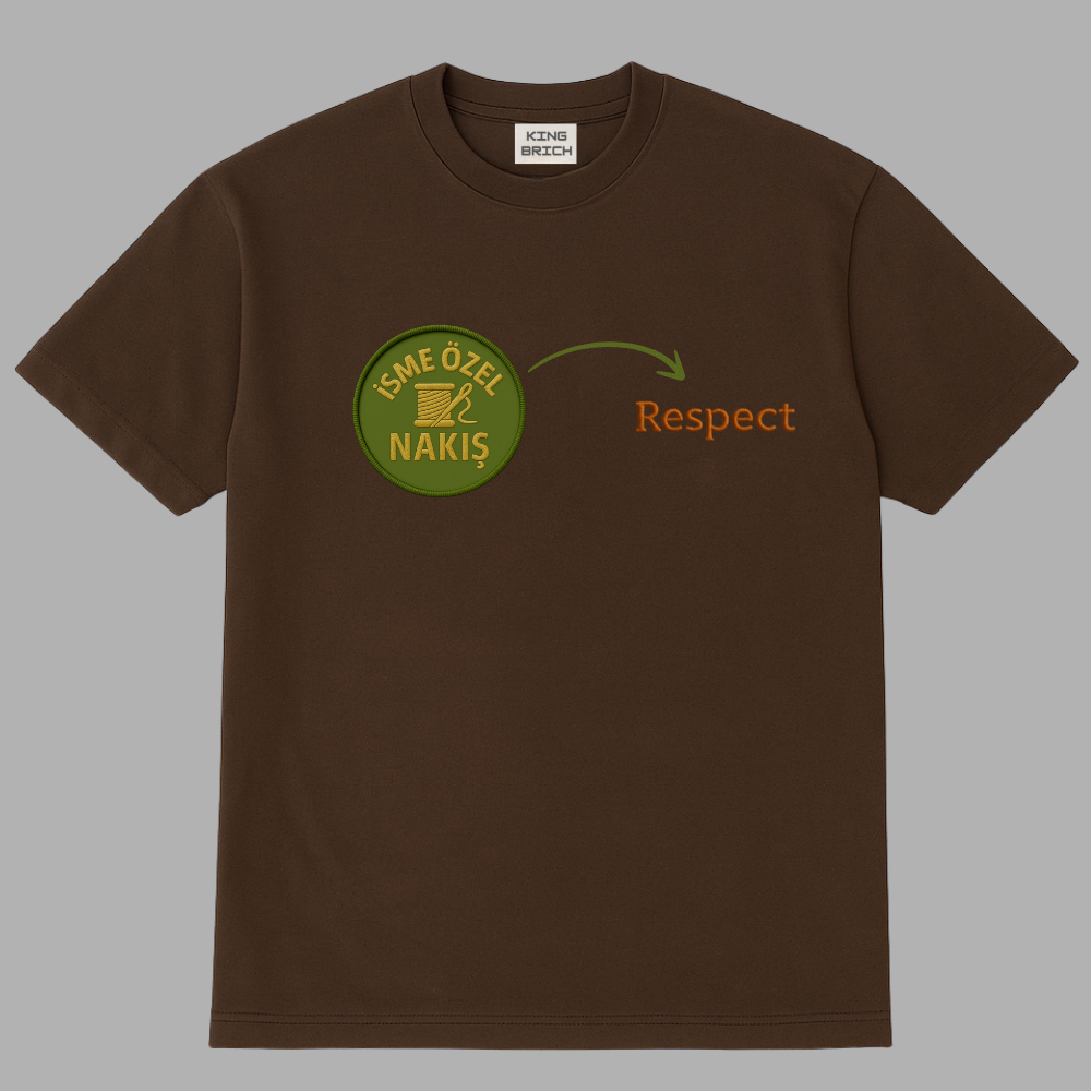 Kişiye Özel Nakışlı Yakası Biyeli Kısa Kollu Bisiklet Yaka Premium Kahverengi Oversize Tişört M - 3