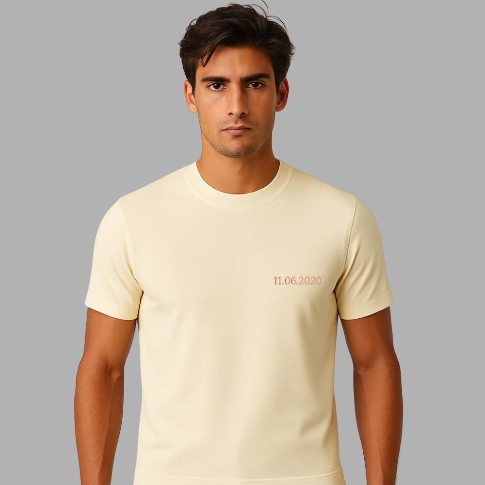 Kişiye Özel Nakışlı Yakası Biyeli Kısa Kollu Bisiklet Yaka Premium Krem Rengi Oversize Tişört - 1
