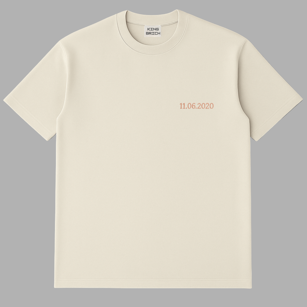 Kişiye Özel Nakışlı Yakası Biyeli Kısa Kollu Bisiklet Yaka Premium Krem Rengi Oversize Tişört - 2
