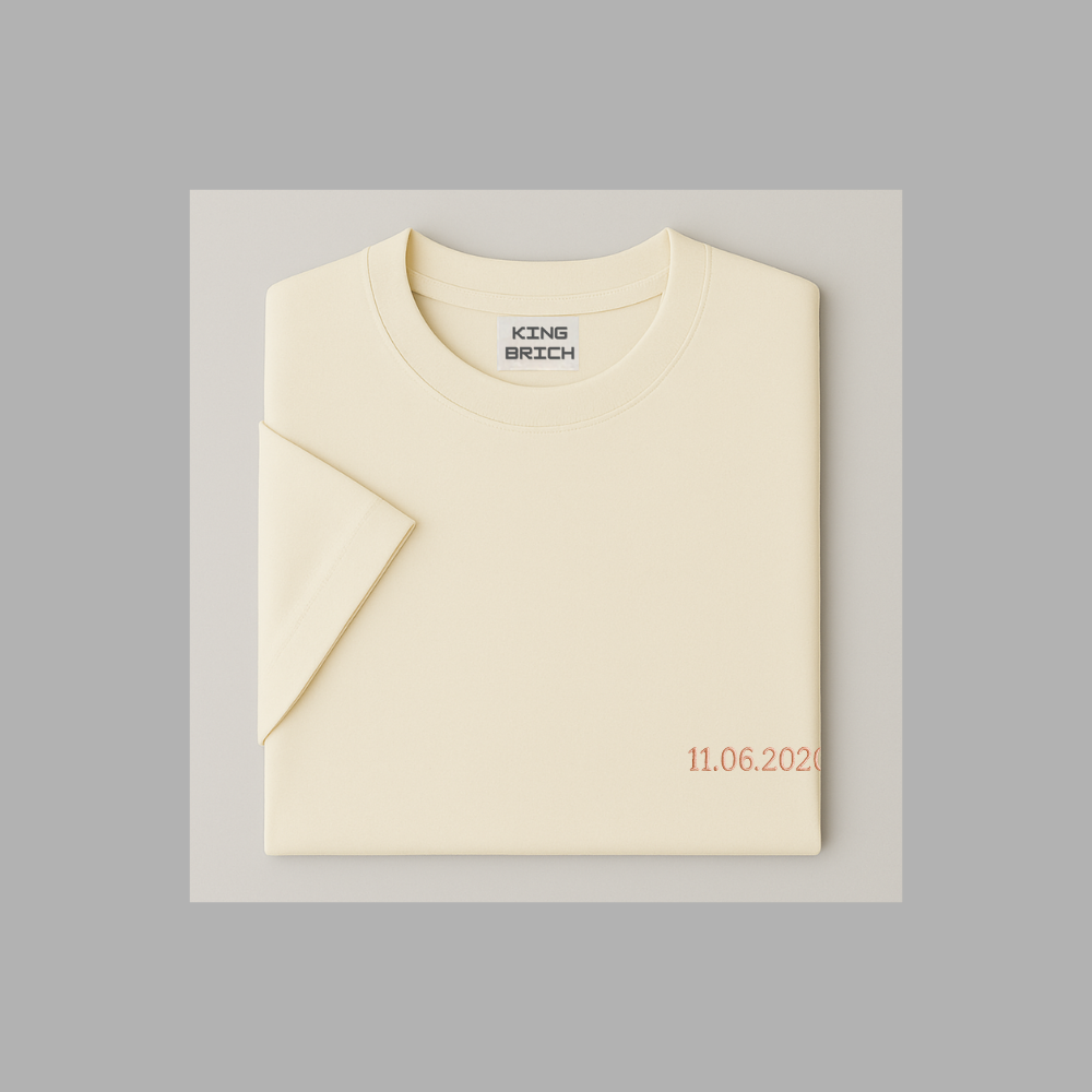 Kişiye Özel Nakışlı Yakası Biyeli Kısa Kollu Bisiklet Yaka Premium Krem Rengi Oversize Tişört - 4