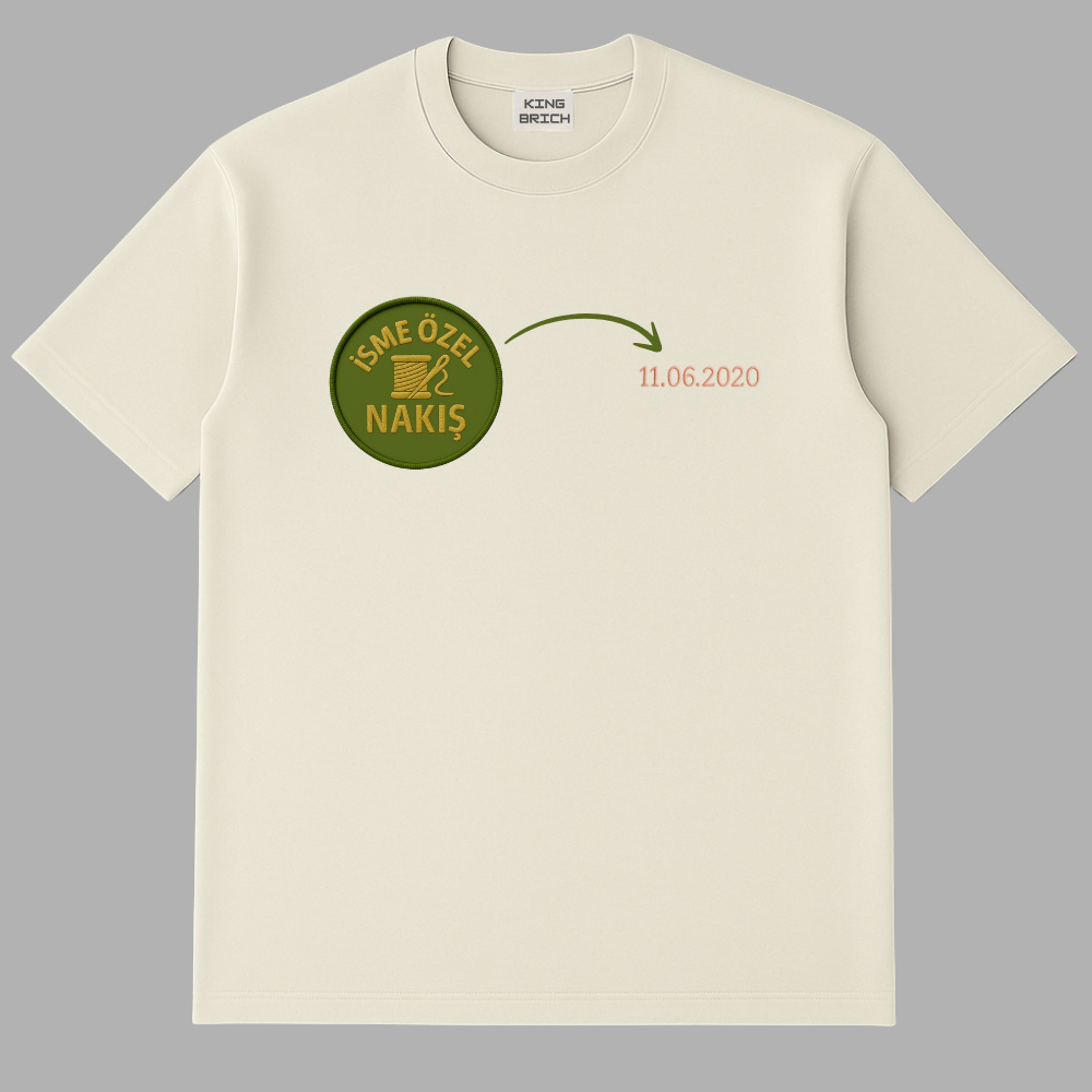Kişiye Özel Nakışlı Yakası Biyeli Kısa Kollu Bisiklet Yaka Premium Krem Rengi Oversize Tişört L - 3