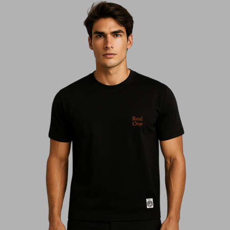 Kişiye Özel Nakışlı Yakası Biyeli Kısa Kollu Bisiklet Yaka Premium Siyah Tişört - Tesbihane