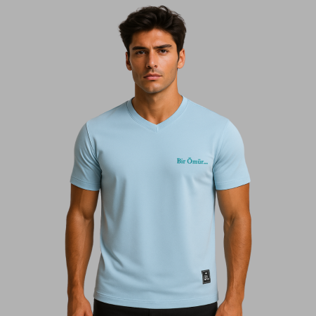 Kişiye Özel Nakışlı Yakası Biyeli Kısa Kollu Bisiklet Yaka Premium Turkuaz Tişört - Tesbihane