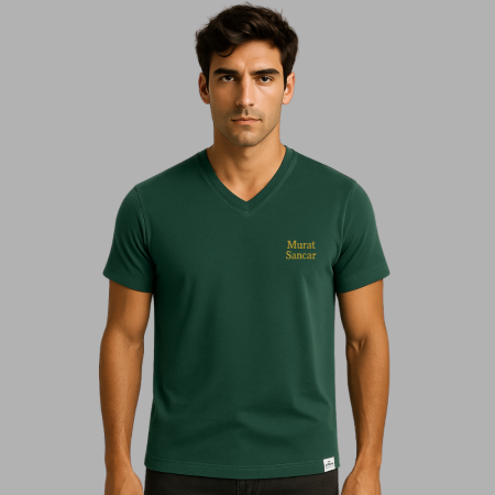 Kişiye Özel Nakışlı Yakası Biyeli Kısa Kollu V Yaka Premium Haki Tişört - Tesbihane