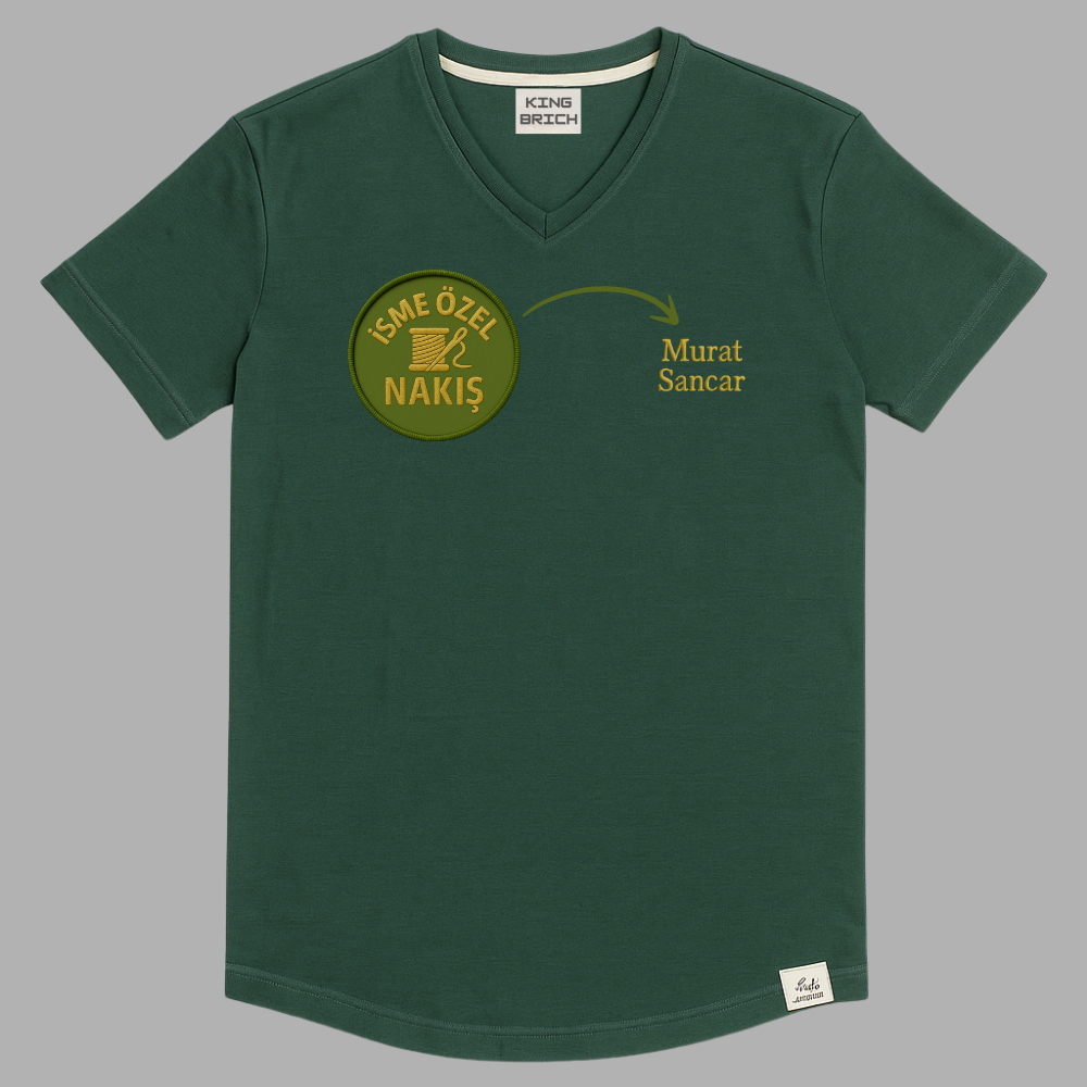 Kişiye Özel Nakışlı Yakası Biyeli Kısa Kollu V Yaka Premium Haki Tişört L - 3