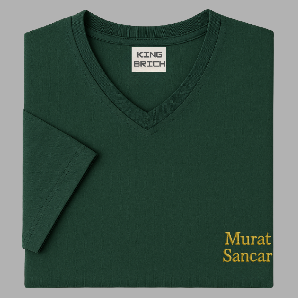 Kişiye Özel Nakışlı Yakası Biyeli Kısa Kollu V Yaka Premium Haki Tişört L - 5