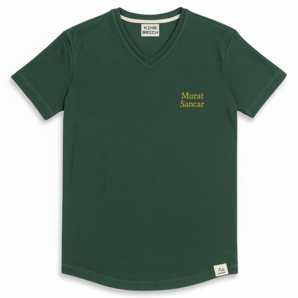 Kişiye Özel Nakışlı Yakası Biyeli Kısa Kollu V Yaka Premium Haki Tişört L - 4