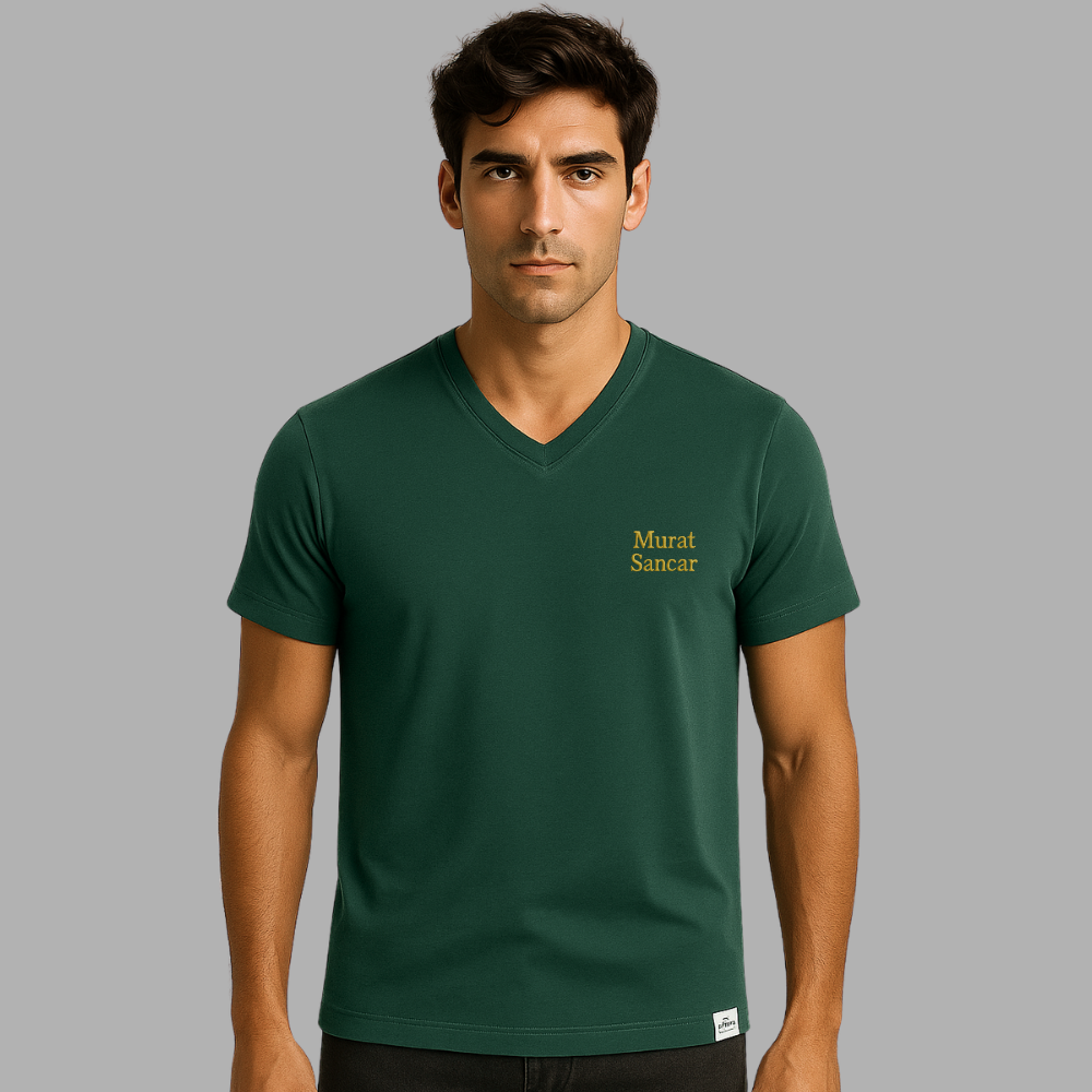 Kişiye Özel Nakışlı Yakası Biyeli Kısa Kollu V Yaka Premium Haki Tişört S - 1